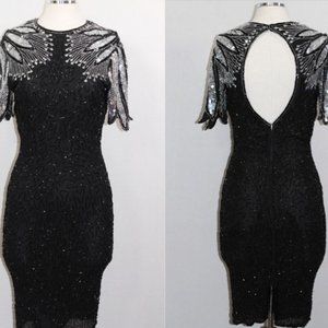 Handmade Beaded Sequin Black Silver Gown